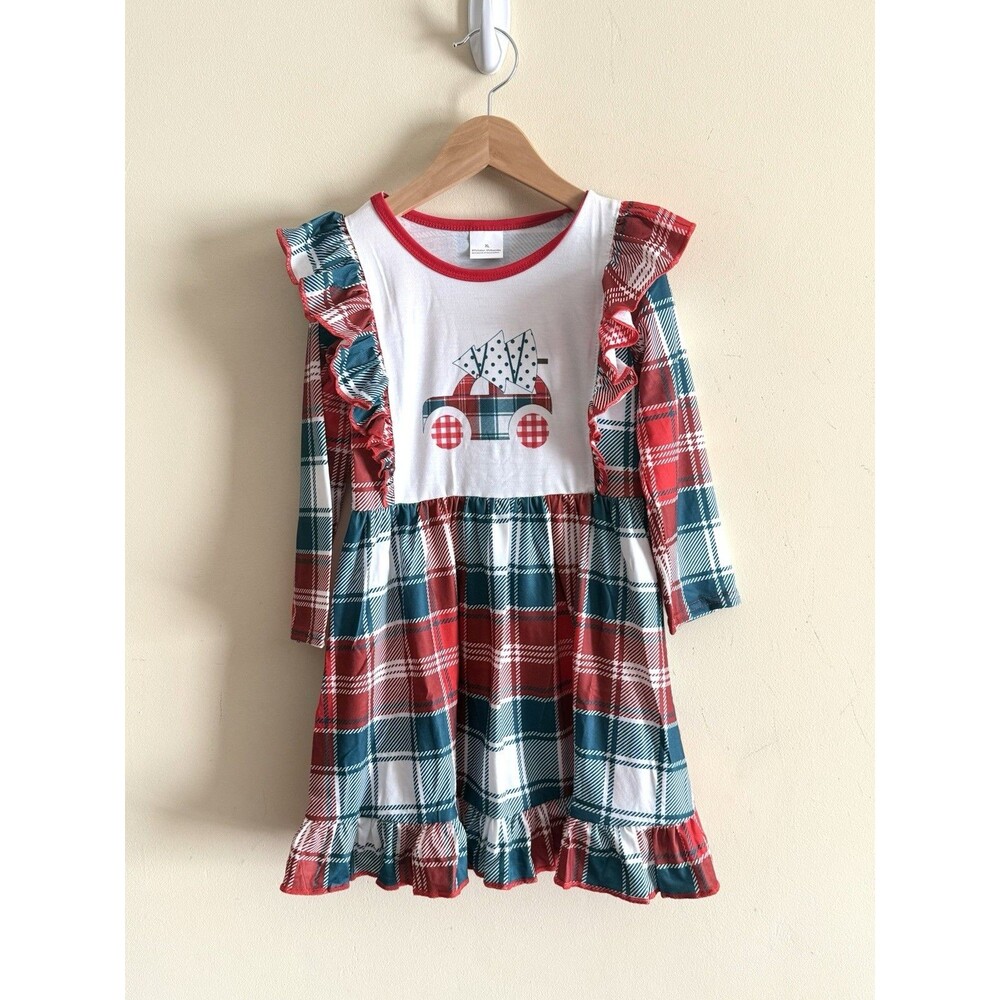 Girls Boutique Vintage Truck Holiday Plaid Ruffle Dress Cottage Christmas 6-7‎